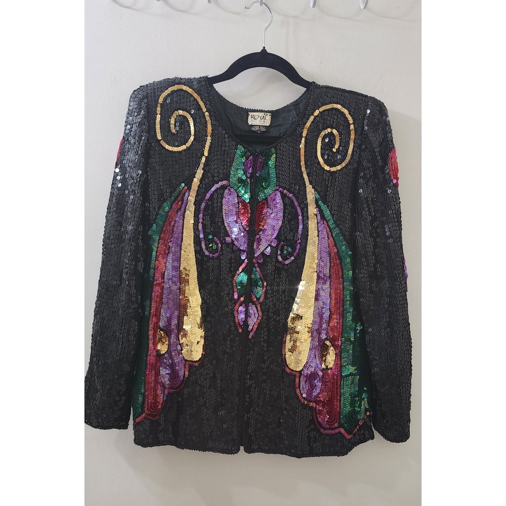Royal Couture Silk Sequin Beaded Jacket Vintage Black Gold Floral Evening Top M
